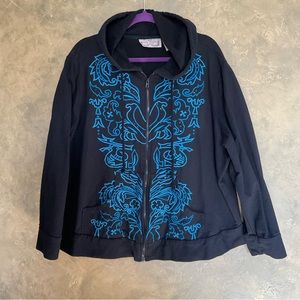 Vintage 90s Embroidered Full Zip Hoodie Black Cotton Terry Boho Maximalist 2X